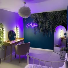 a bedroom with purple lighting and plants on the wall