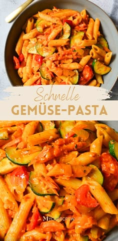 two bowls filled with pasta and vegetables next to each other