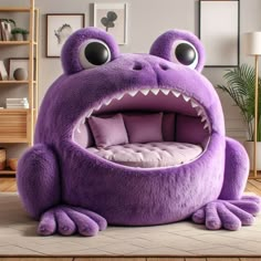 a large purple monster bed with big eyes and mouth wide open, sitting in a living room