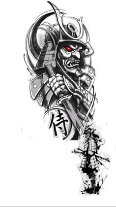 an ink drawing of a samurai with red eyes