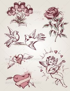 an old fashion tattoo design with roses, hearts and cupidles - tattoos decorative