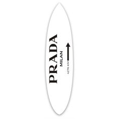 a white surfboard with the words pradan on it and an arrow pointing up