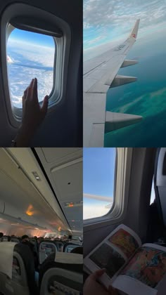 the view from inside an airplane looking out at the wing and ocean below, while someone is reading a book