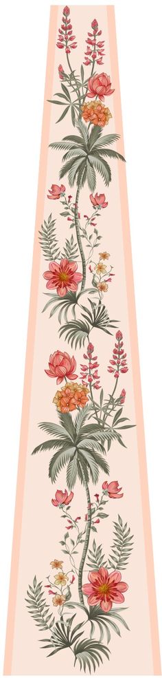 a long table runner with pink flowers and green leaves on the top, along with an orange border