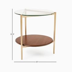 the side table has a glass top and wooden bottom, with an oval shelf underneath it