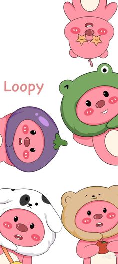 three cartoon animals with different expressions on their faces and the words loopy above them