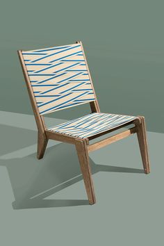 a chair that is made out of wood and has blue stripes on the back side