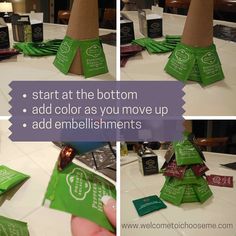 the instructions for how to fold an origami christmas tree out of tea bags