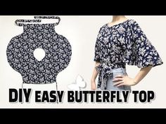 a woman standing next to a vase with the words diy easy butterfly top