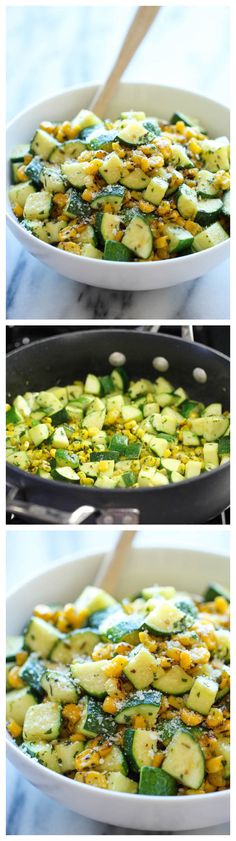 zucchini and corn in a skillet before and after being sauteed