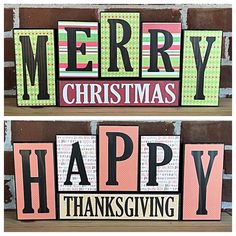 two wooden blocks that say merry christmas and happy thanksgiving with the words happy thanksgiving on them