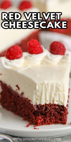 a slice of red velvet cheesecake on a white plate with raspberries in the background