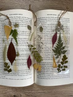 an open book with pressed leaves and plants on the pages, sitting on a wooden table