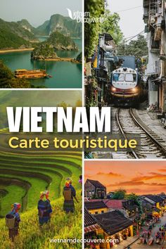 a collage of photos with the words vietnam and images of people walking on train tracks