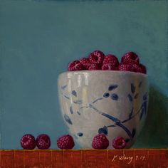 a painting of raspberries in a white bowl