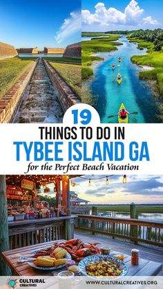 A collage featuring historic forts, kayaking through serene marshes, and a seafood feast on a rustic waterfront deck, capturing the essence of 19 Things to Do in Tybee Island GA for the Perfect Beach Vacation. Savannah Georgia Vacation, Georgia Getaways, Georgia Islands, Tybee Island Lighthouse, Georgia Beaches, Tybee Island Georgia, Georgia Vacation, East Coast Travel, Vacation Activities