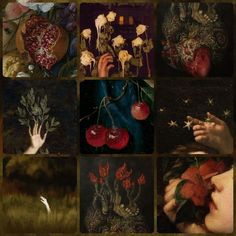 a collage of different paintings with flowers and hands