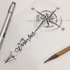 a pen and some writing on top of a piece of paper next to a compass