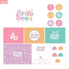 the logo for little bees is shown in several different colors and sizes, including pink, blue