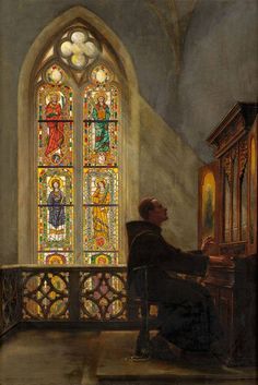 a painting of a man sitting at a piano in front of a stained glass window