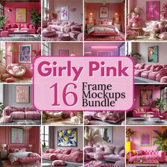 pink furniture is featured in this collage with the text girly pink 16 frame mocks bundle