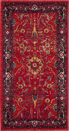 a red rug with an ornate design on the middle and bottom, surrounded by black border