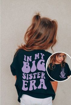 "Introducing our Girls Comfort Colors® T-Shirt, a stylish and personalized piece that celebrates the special role of being a big sister. With its unique design and customizability, this shirt is perfect for your little one to showcase her pride and individuality. The back of the shirt features a large and eye-catching print that boldly states \"In My Big Sister Era.\"  On the front, you'll find a trendy skeleton peace sign pocket print that adds a cool and fashionable element to the shirt. As an extra personal touch, we offer the option to include your child's name in the pocket print. This makes the shirt truly unique and special, reflecting her individuality. Our Girls Comfort Colors® T-Shirt is not only fashionable but also comfortable to wear. Made with high-quality materials, it provi Cheer Big Sister Shirts, Big Sister Elephant Shirt, Threenager Unicorn Shirt, Big Sister Little Sister Shirts Vinyl, I Am The Big Sister Shirts, Big Sister Starter Kit, Im Going To Be A Big Sister Shirt, Cricut Big Sister Shirt, Im Going To Be A Big Sister Photoshoot