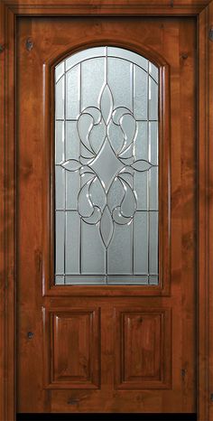 a wooden door with glass on it