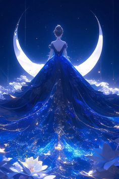 a woman in a blue dress is standing on the moon with her back to the camera