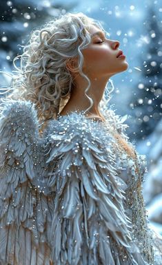 a woman with white hair and wings in the snow, looking up into the sky