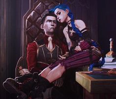 a man sitting on top of a chair next to a woman with blue hair and makeup