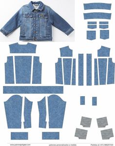 the cut out pattern for a denim jacket is shown in three different sizes and colors