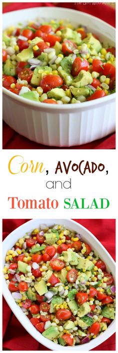 corn, avocado and tomato salad in a white dish on a red table