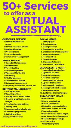 an advertisement for the virtual assistant program, which includes several different types of jobs and services