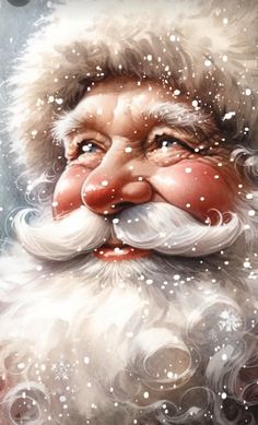 a painting of santa claus with snow falling all over his face and beard, looking to the side