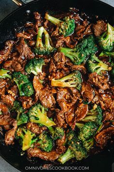 beef and broccoli stir fry in a skillet