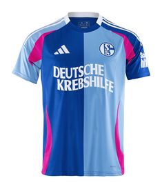 the soccer jersey is blue and pink with white letters on it, which reads deutsche krebshile