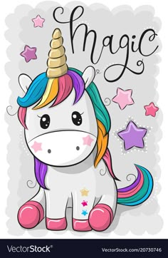 a cute cartoon unicorn with stars on a white background and the words magic above it