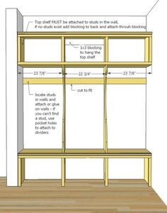 an unfinished bookcase is shown with measurements for the shelves