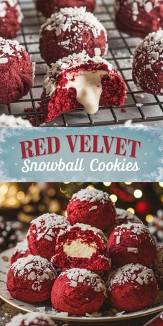 red velvet snowball cookies on a cooling rack with the words, red velvet snowball cookies