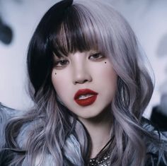 a woman with long grey hair and red lips wearing a fur collared jacket,