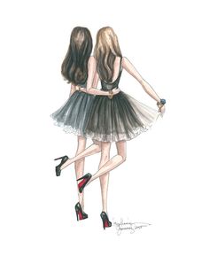 two girls in dresses and high heels are looking at each other