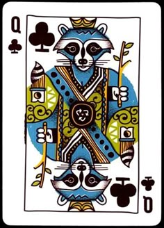 a playing card with an image of a raccoon on it's back