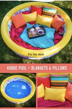 an inflatable pool with cushions and pillows on it, is set up to be used as a seating area