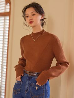 Rust Brown Casual Collar Long Sleeve Fabric Plain Basic Tops Embellished Medium Stretch  Women Knitwear Rust Brown Outfit, Mock Neck Outfit, Jumper Outfit, Drop Shoulder Sweater, Brown Outfit, Women Sweaters, Drop Shoulder Sweaters, Brown Top, Basic Tops