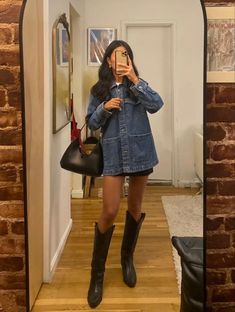 Outfits With High Black Boots, Casual Tall Boots Outfit, Knee High Boots With Dress Outfit, Black Tecovas Outfit, Black Boots Spring Outfit, Black Cowboy Boots Outfit Fall 2023, Winter Outfit With Cowboy Boots, High Neck Outfits Women, Black Knee High Cowboy Boots Outfit