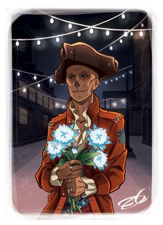 a man with a flower bouquet in his hand is wearing a pirate hat and holding flowers