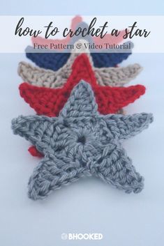 four crocheted stars with text overlay that says how to crochet a star