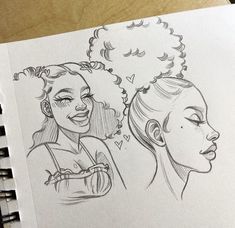 a drawing of two women with curly hair