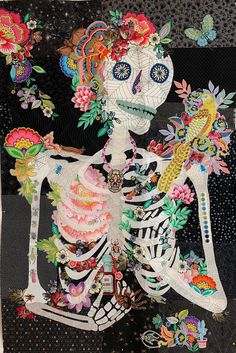 a painting of a skeleton with flowers on it